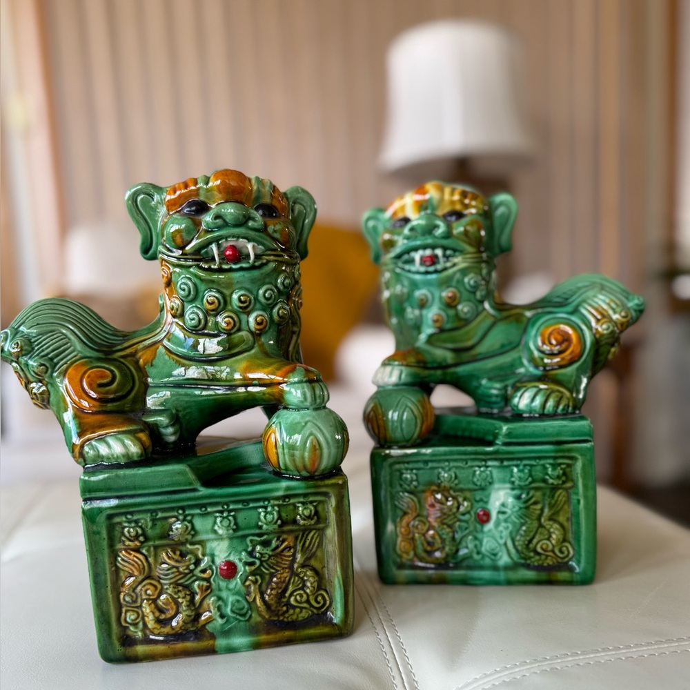 Green Ceramic Foo Dog Pair - Glazed Guardian Statues